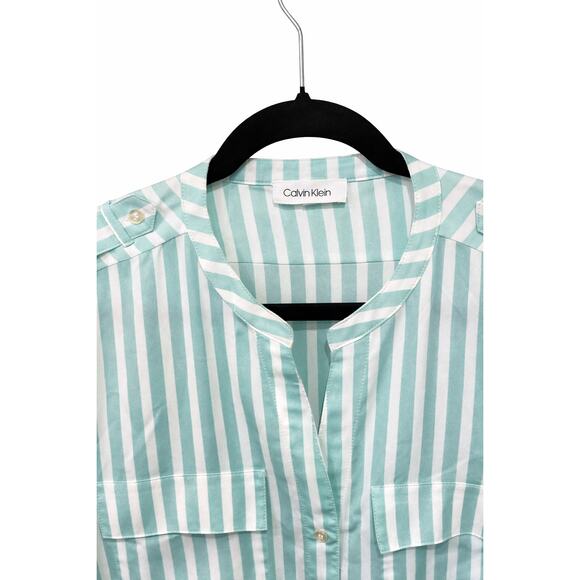 Calvin Klein Mint Stripe Minimalist modern Coastal Chic Blouse Large Button Down - Picture 3 of 7